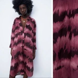 Zara Magenta Tie Dye Long Sleeve Midi Shirt Dress